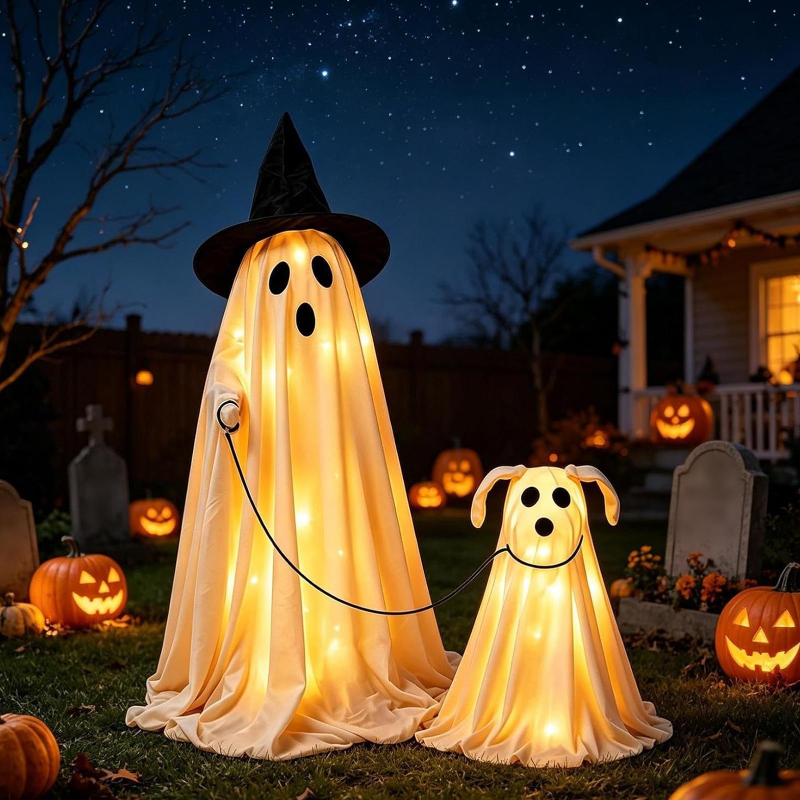 Outdoor Lighting Effects - LED-verlichte spookhondenset met warme gloed, heksenhoed,
